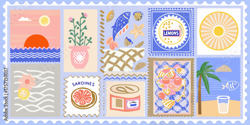 Whimsical collection of retro style postage stamps featuring food nature and beach scenes