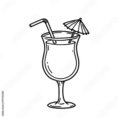 Elegant cocktail glass with straw and decorative umbrella, refreshing drink.