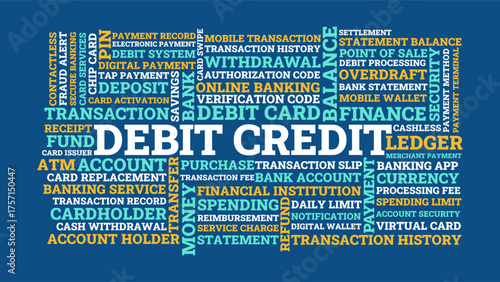 Debit Credit word cloud vector illustration, essential Debit Credit banking and finance terminology concept
