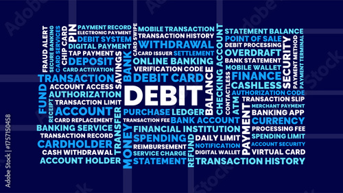 Debit Word Cloud, Banking Transactions and Cashless Finance, Debit Card Terms Word Cloud