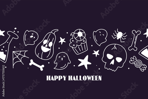 Seamless black Halloween background with doodles