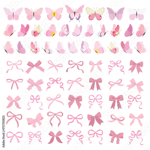 Simple hand drawn pink ribbon bow collection. Butterfly set. Bowknot for decoration, big set of pinky bowtie. Large retro hand drawn ribbon illustration set. Set of various cartoon bow knots