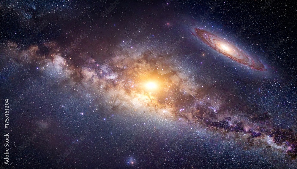 Fototapeta premium Stunning cosmic panorama showcases the majestic Milky Way galaxy alongside a distant spiral galaxy, igniting wonder and exploration of the vast universe.