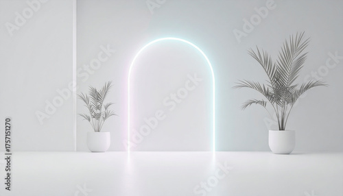 Luminous arched doorway plants minimalist interior space