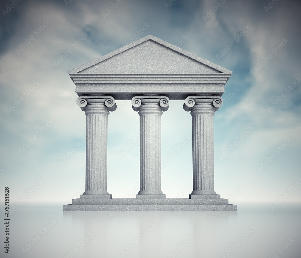 Fototapeta premium Classic stone temple with three columns set against a cloudy sky background