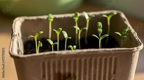 Tiny Green Seedlings Sprouting in a Biodegradable Pot.