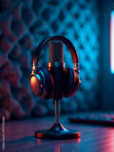 Professional studio microphone and headphones on a desk in a recording booth with blue and red neon lights. Modern equipment for podcasting, streaming, or voice-over work.
