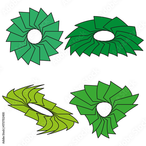 Abstract green shapes. Geometric radial forms. Decorative Vector elements. Modern design set.