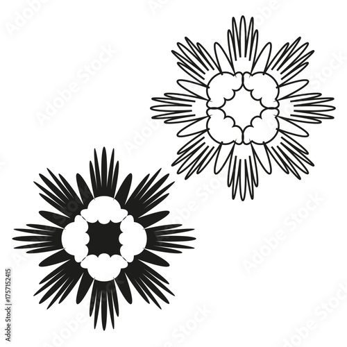 Abstract star shapes. Decorative Vector pattern. Symmetrical line art. Black white element.