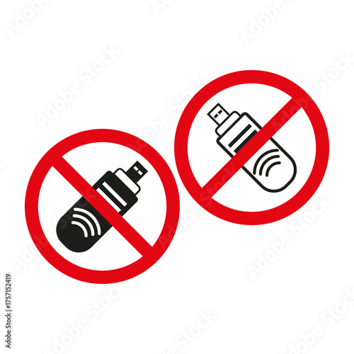 Forbidden aerosol icon. No smoking sign. Black spray bottle. Vector caution symbol.