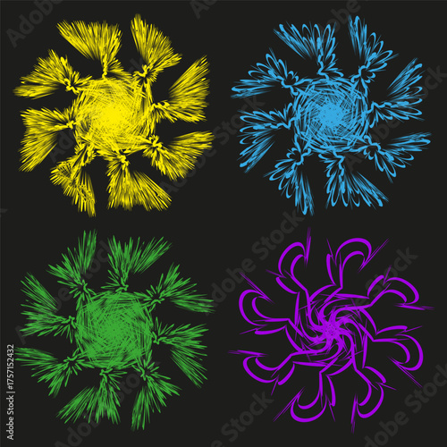 Abstract colorful stars. Geometric snowflake motif. Bright vector element. Psychedelic graphic design.