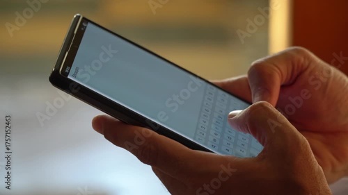 Close up video of man typing on smartphone using both hands in natural light. Concept of communication, messaging, technology, and everyday lifestyle