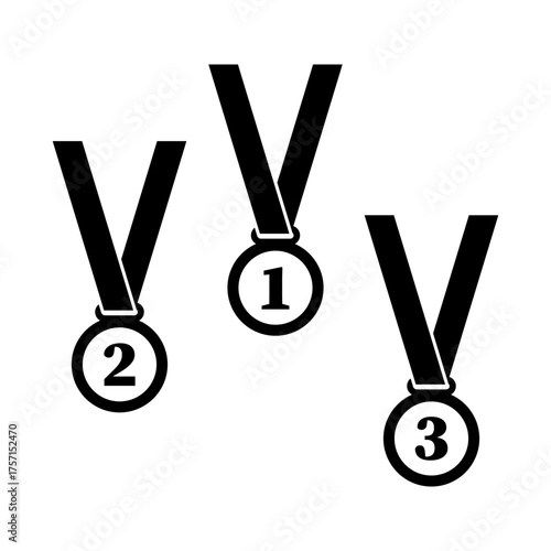 Medals award set. One two three prize. Victory symbol. Vector competition illustration.