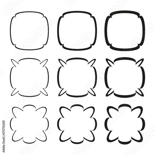 Variety square frames. Different doodle shapes. Hand drawn borders. Vector line illustration.