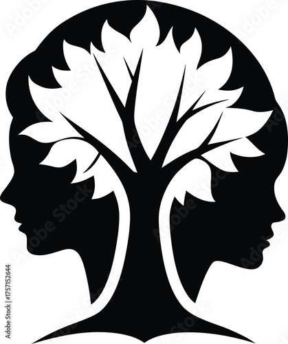 Tree of life silhouette within two human heads profile silhouette isolated on white background isolated on transparent background