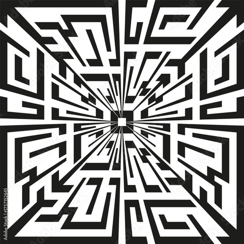 Geometric maze pattern. Abstract labyrinth design. Radial visual texture. Vector puzzle background.