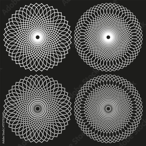 Abstract round pattern. Hypnotic concentric design. Radial fractal forms Vector. Decorative spiral symbol.
