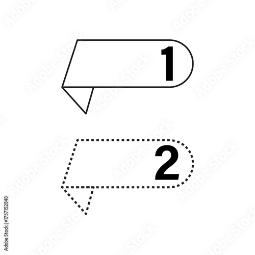 Modern ribbon banners. Number 1 one and 2 two. Simple Vector shapes. Promotional text boxes.