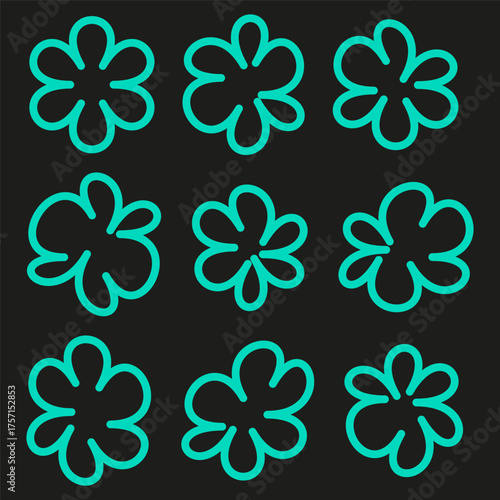 Hand drawn flower set. Blue outline symbol. Abstract floral doodle. Vector creative element.