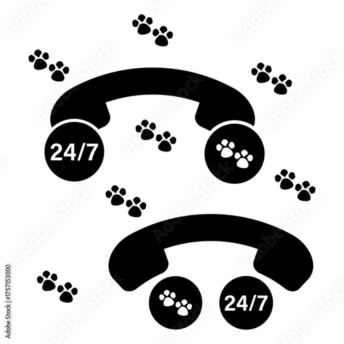 Round the clock pet services. 24 7 paw phone. Animal care call center. Vector dog illustration.