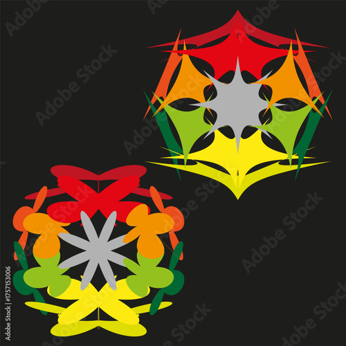 Wing motif icon. Colorful star crest. Symmetric pattern Vector. Bright black contrast.