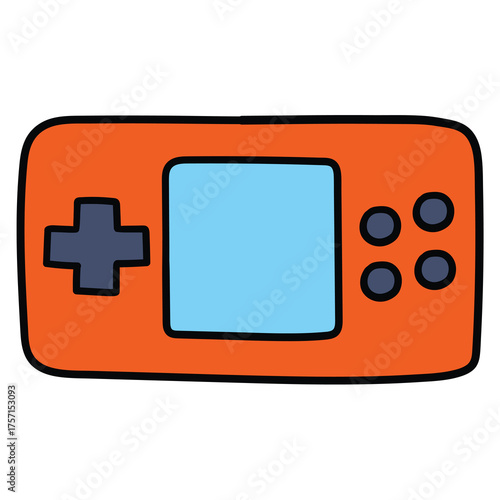 Hand-drawn cartoon retro orange video game console on a white background.