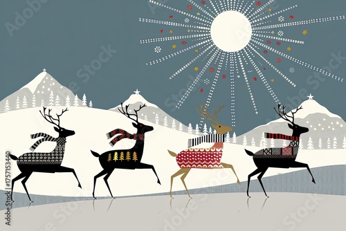 Four deer adorned with patterned scarves and sweaters wander through a snowy landscape. Peaceful scene features mountains and evergreen trees.