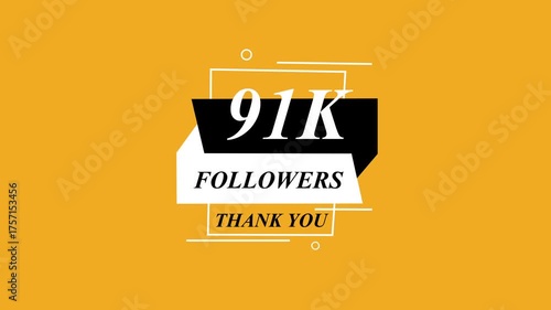 Glowing Beautiful 91K Followers Thank You Banner Text Icon Animation Digital Graphic Design Shining Effect Modern Celebration Template
