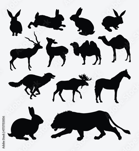 set of wild animal silhouettes on white background