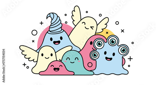 A delightful group of colorful and whimsical cartoon monsters with playful expressions and simple shapes.