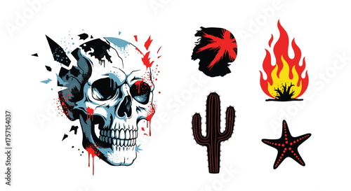 Artistic collection of desert themed graphic elements including a fractured skull cactus starburst and campfire.