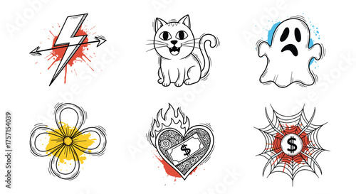 Collection of six quirky doodle style icons representing various themes including power luck and emotions.