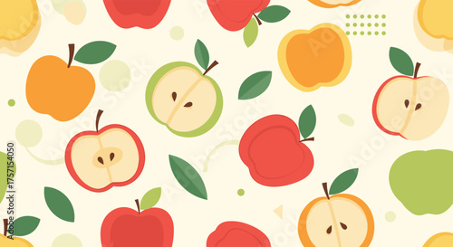 A cheerful pattern of sliced and whole apples in various colors fills the background.