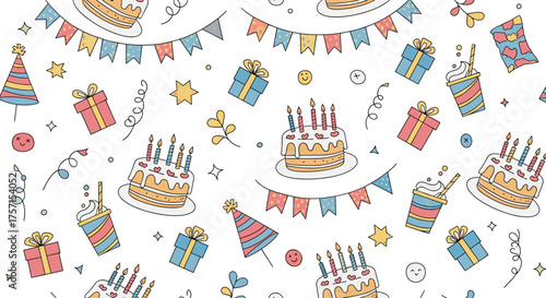 A delightful collection of birthday party elements including cakes banners and gifts.