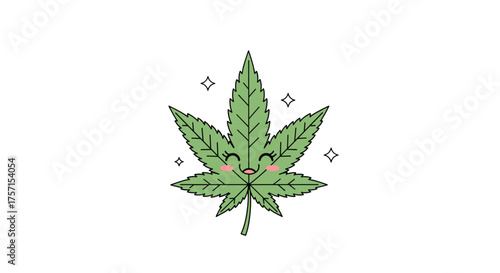 A cute and sparkly cannabis leaf with rosy cheeks smiling.