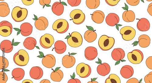 A delightful pattern of fresh ripe peaches and halved juicy peaches with pits.
