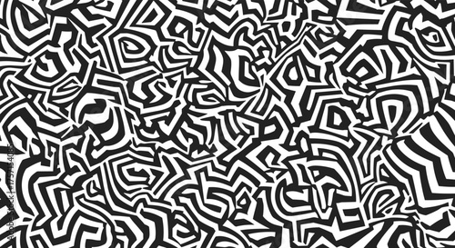 An abstract black and white maze-like pattern creates a complex optical illusion.