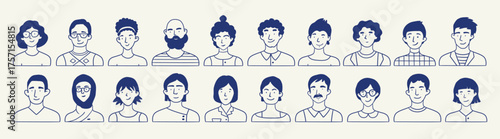 Heads and necks of boys and girls. Various haircuts. Young men and women. Monochrome People avatars. Hand drawn set of Vector Icons. Cartoon style, flat design. All elements are isolated