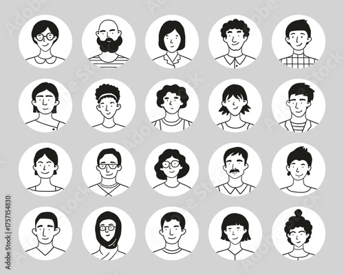 Round avatars cartoon outline illustrations set. Users of different age and ethnicity 2D linear images isolated. Web page and online chat profiles collection black and white vector drawings