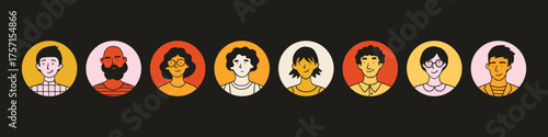 Portraits of young people. Funny cute characters. Trendy modern art. Cartoon, minimal, abstract contemporary doodle style. Round avatar, icon, logo templates. Hand drawn Vector isolated illustrations