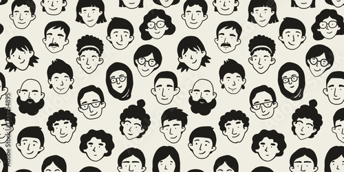 Monochrome doodle portraits seamless pattern. Diverse people. Cute funny characters. Trendy modern art. Cartoon, minimal, abstract set. Fabrik, banners, wrapping paper, endless art