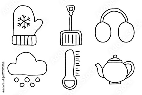 Winter Line Art Icon Set in Editable Stroke Style. Hand Drawn Vector Illustration on White Background