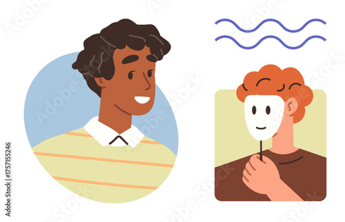 Two individuals, one smiling openly and another holding a white mask. Ideal for identity, authenticity, emotions, self-expression, relationships, mental health personal growth. Simple flat metaphor