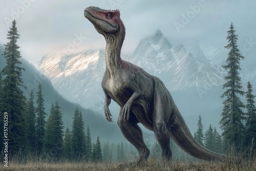 Cryolophosaurus stands majestically in a primeval landscape of forests and mountains