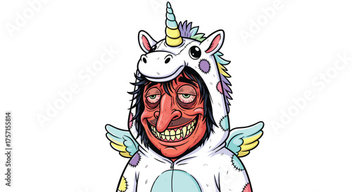 Cartoon Character Illustration of an Eccentric Man in a Unicorn Costume, Grotesque Smile for a Funny, Weird, and Unique Marketing Campaign or Editorial, Expressive Pop Art Style on Isolated White Back