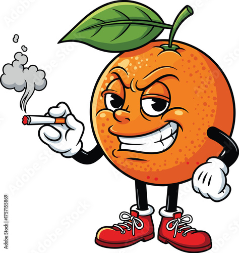 Grumpy Orange Cartoon Mascot Smoking a Cigarette with an Angry Expression in Urban Street Style for Health Awareness Campaigns and Anti-Smoking Advertising  Humorous Illustration Character Design Smok