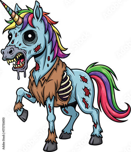Zombie Unicorn Cartoon Character Walking on White Background, Fantasy Horror Illustration, Mythical Creature Mascot for Halloween, Fantasy Art for Children's Storybook, Game Design Asset, Dark Humor,