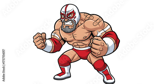 Cartoon Wrestler Character Ready to Fight in the Ring, a Fierce Competitor with a White Mask and Red Outfit, Ready for a Wrestling Match, an Action-Packed Sporting Event, Cartoon Illustration for Prom