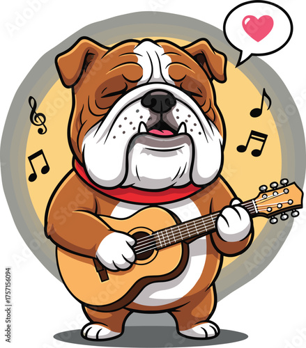 Cartoon Bulldog Serenading with Love Song on Acoustic Guitar Against Golden Halo, Creating Joyful Melody, Ideal for Music Lessons, Children's Illustration, Animation, Website Graphics, Pet Store Marke