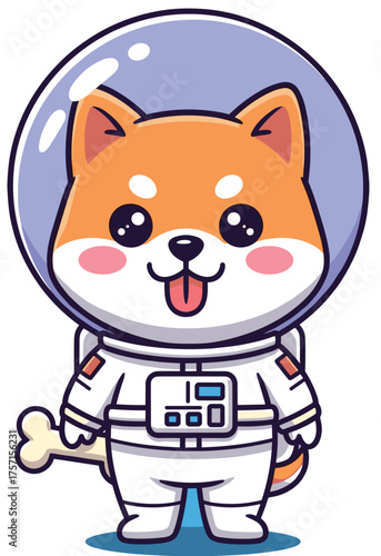 Adorable Shiba Inu Astronaut Exploring Outer Space, Holding Bone, Cartoon Dog in Spacesuit, Science Education Illustration, Kids Adventure, Cute Comic Style, White and Orange Puppy Traveler On Blue Ba